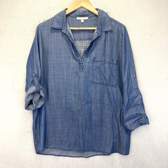 Skies Are Blue Chambray Roll Cuff Shirt Womens Medium M Lightweight Tencel Top - Picture 1 of 12